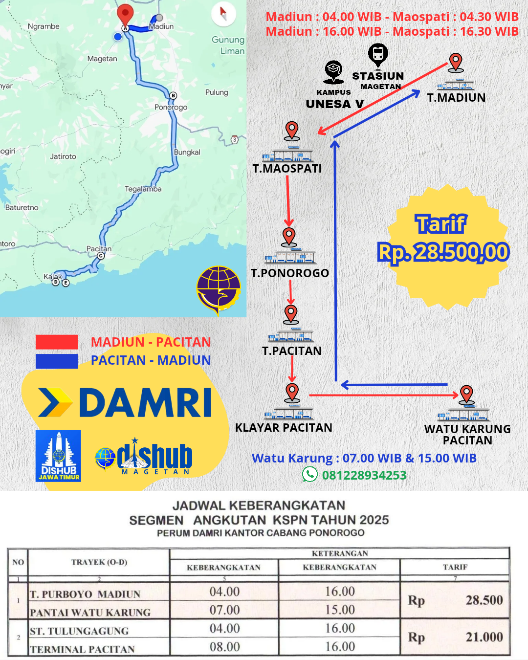 Jadwal Jam Keberangkatan DAMRI Jurusan Madiun – Maospati  – Pacitan ( Klayar dan Watu Karung )